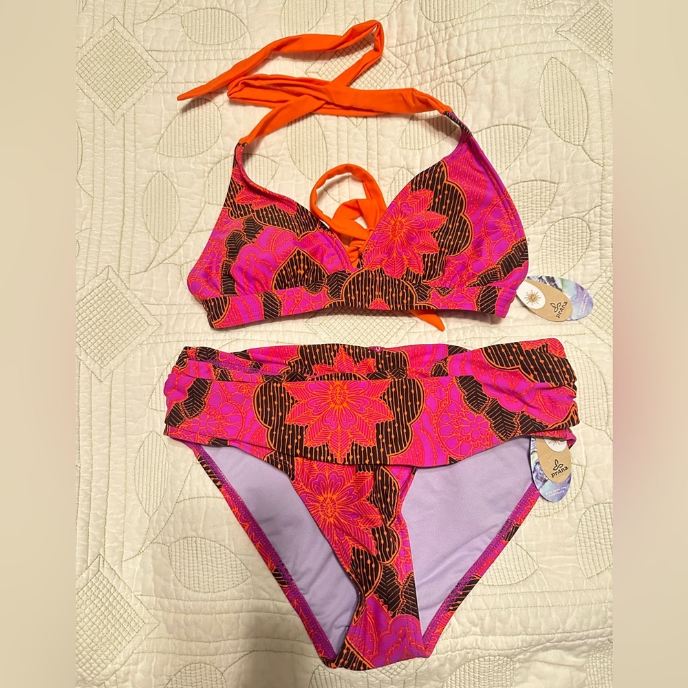 NWT- Prana Lahari halter top and bottom Pink and Orange Floral Bikini Set